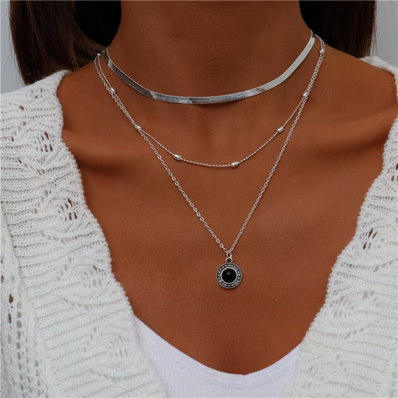 Tenande Bohemian Multi Layered Necklace for Women Vintage Water Drop Coin Star Moon Pendant Necklace Geometric Collier Collares