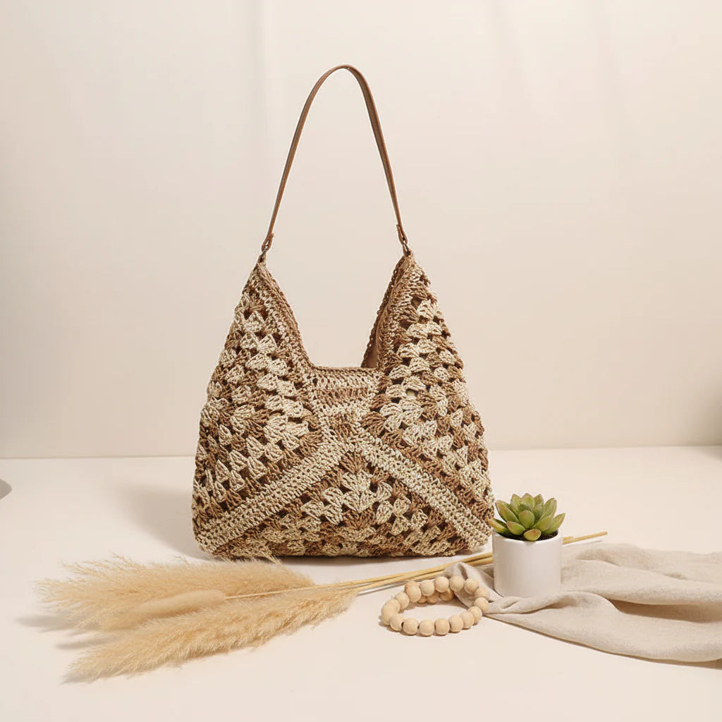 Handmade Crochet Beach Bag Large Capacity Hollow Out Shoulder Tote Bohemian Woven Triangle Bag for Vacation &Amp; Travel