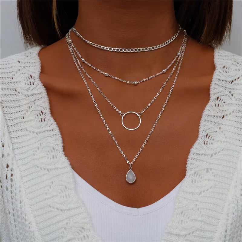 Tenande Bohemian Multi Layered Necklace for Women Vintage Water Drop Coin Star Moon Pendant Necklace Geometric Collier Collares