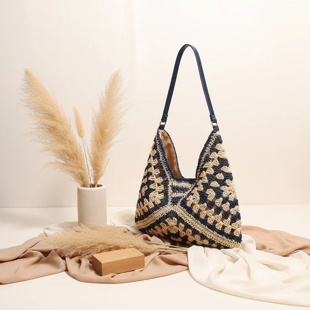 Handmade Crochet Beach Bag Large Capacity Hollow Out Shoulder Tote Bohemian Woven Triangle Bag for Vacation &Amp; Travel