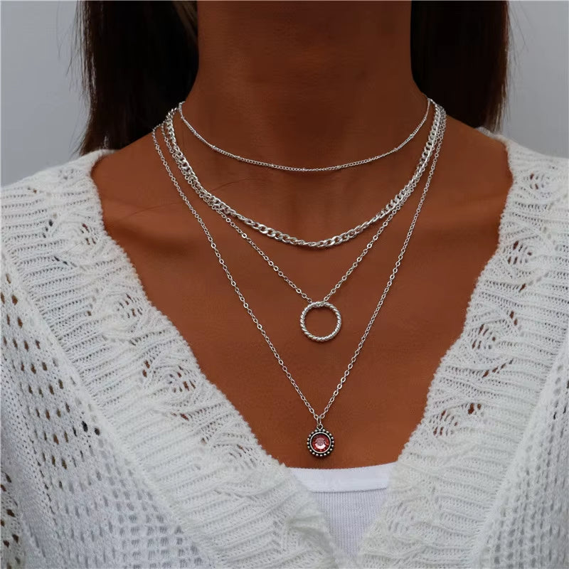 Tenande Bohemian Multi Layered Necklace for Women Vintage Water Drop Coin Star Moon Pendant Necklace Geometric Collier Collares