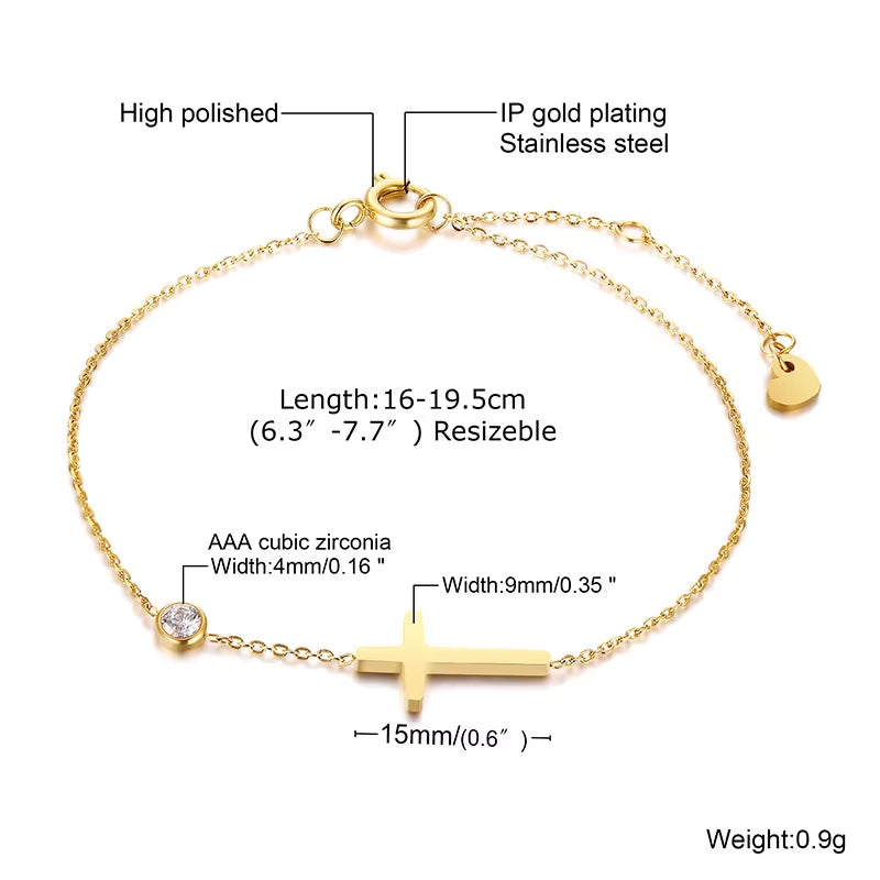 Women Minimalism Thin Chain Cross Crescent Moon Star Bracelet, Stainless Steel Female Adjustable Link Stacked Layered