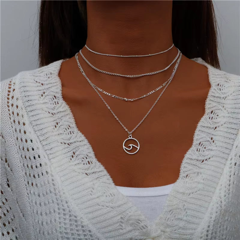 Tenande Bohemian Multi Layered Necklace for Women Vintage Water Drop Coin Star Moon Pendant Necklace Geometric Collier Collares
