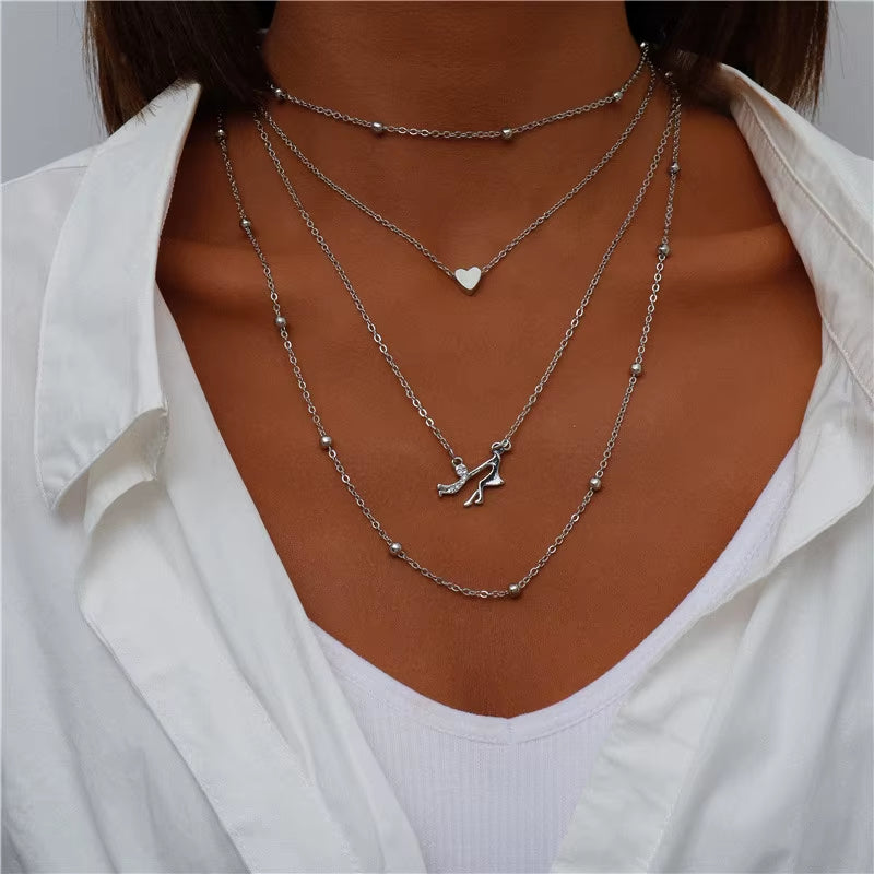 Tenande Bohemian Multi Layered Necklace for Women Vintage Water Drop Coin Star Moon Pendant Necklace Geometric Collier Collares