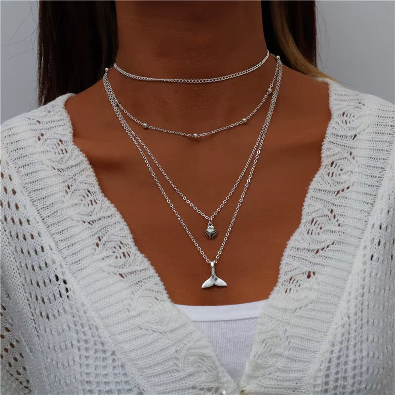 Tenande Bohemian Multi Layered Necklace for Women Vintage Water Drop Coin Star Moon Pendant Necklace Geometric Collier Collares