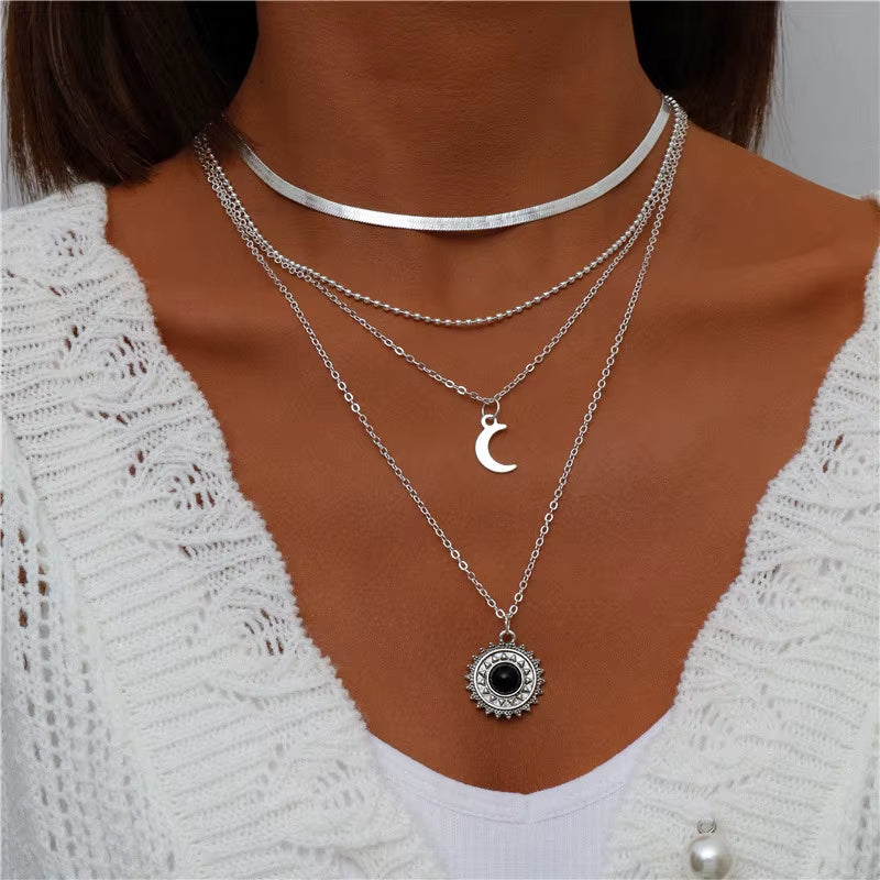 Tenande Bohemian Multi Layered Necklace for Women Vintage Water Drop Coin Star Moon Pendant Necklace Geometric Collier Collares