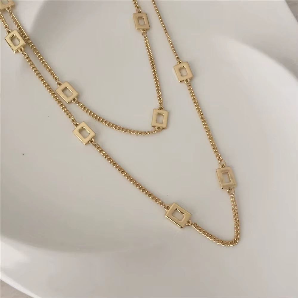 High Quality Layered Necklace Gold Color Fashion Chain with Square Linked Necklace for Women Friendship Jewelry