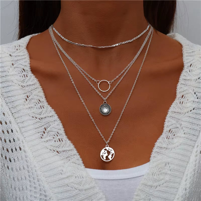 Tenande Bohemian Multi Layered Necklace for Women Vintage Water Drop Coin Star Moon Pendant Necklace Geometric Collier Collares