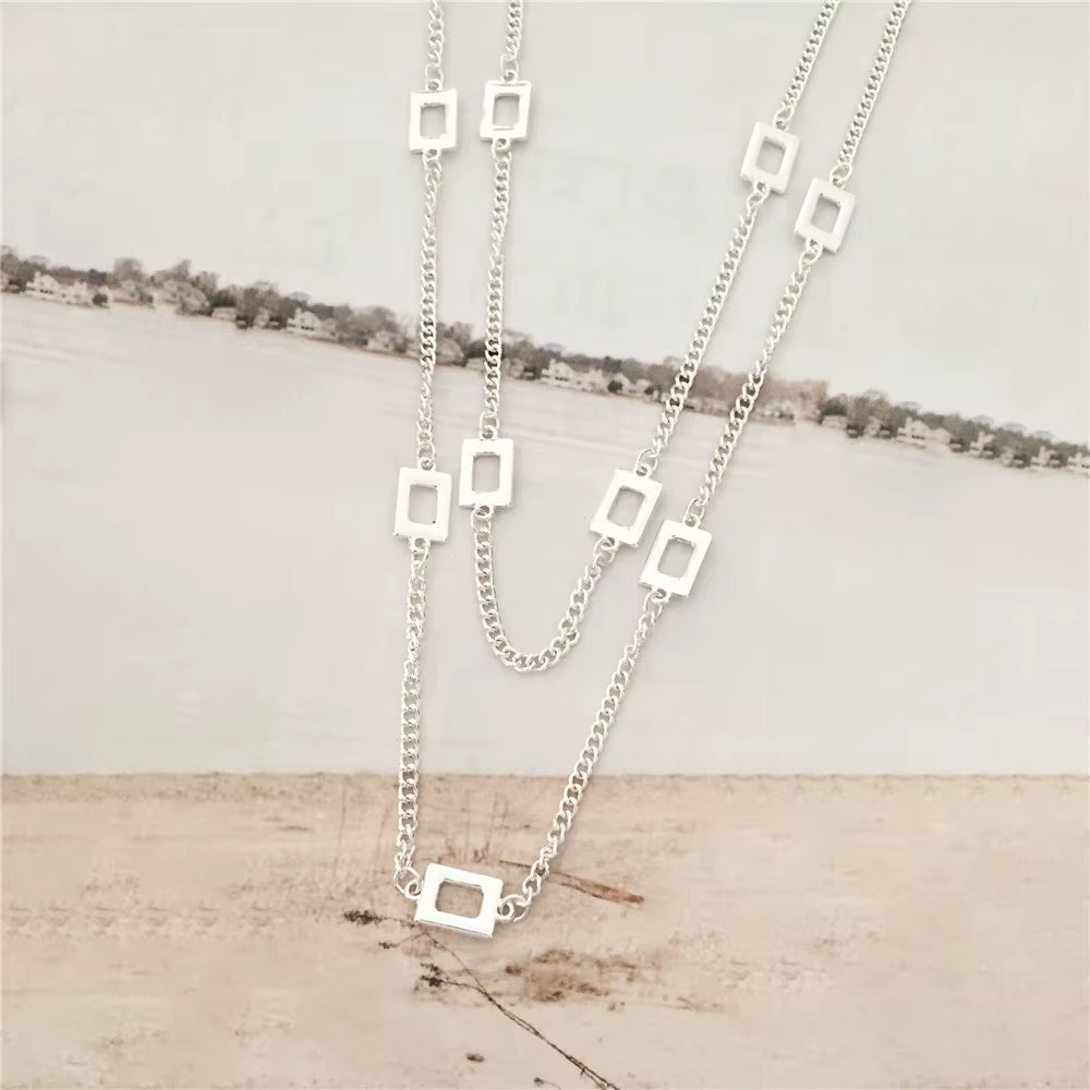 High Quality Layered Necklace Gold Color Fashion Chain with Square Linked Necklace for Women Friendship Jewelry