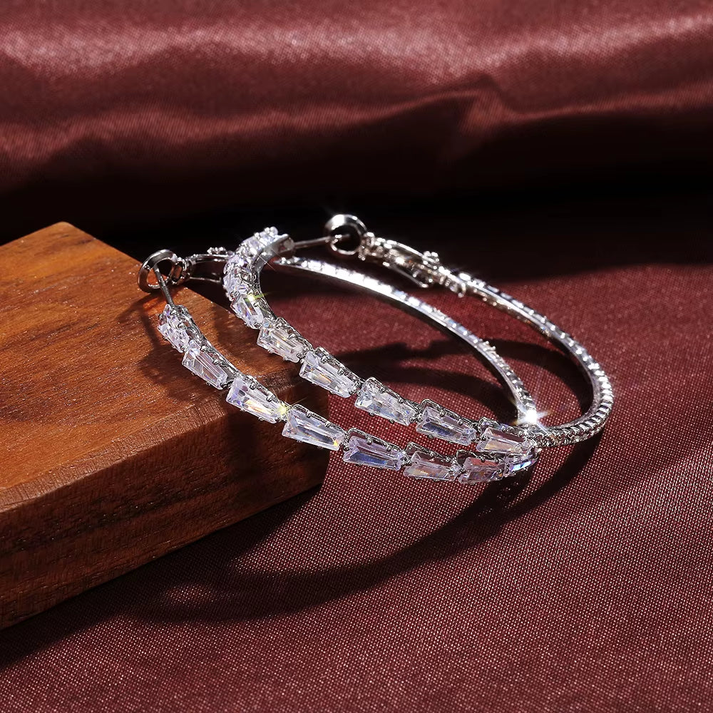 New Design Stylish Women Hoop Earring Inlaid CZ Stone Engagement Wedding Party Big round Circle Versatile Female Earrings