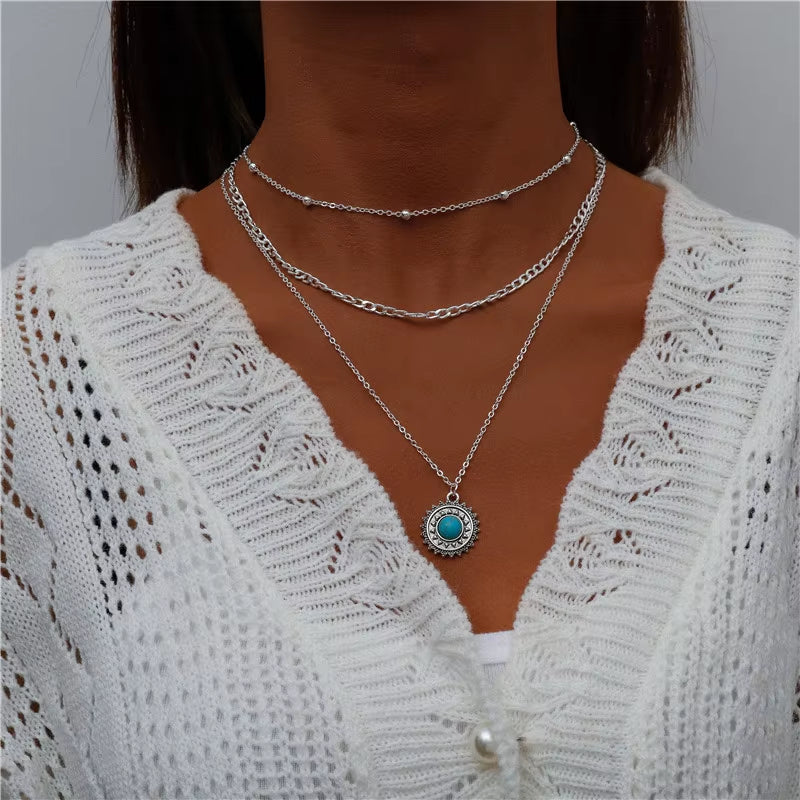 Tenande Bohemian Multi Layered Necklace for Women Vintage Water Drop Coin Star Moon Pendant Necklace Geometric Collier Collares