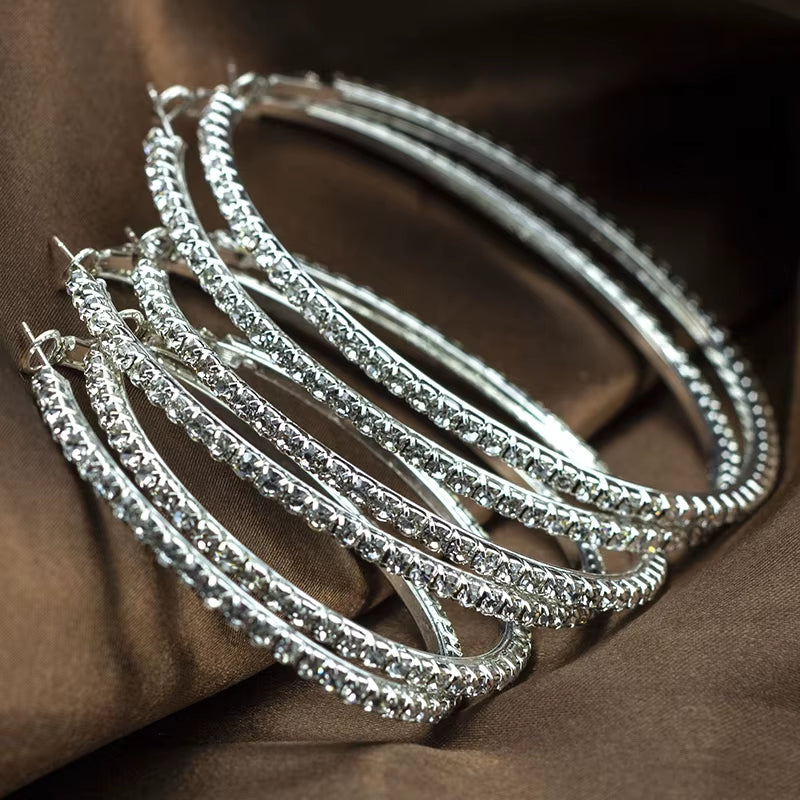 Popular Earring with Rhinestone 20Mm-90Mm Crystal Circle Hoop Earrings Simple Big Circle Silver Plated Hoop Earrings for Women