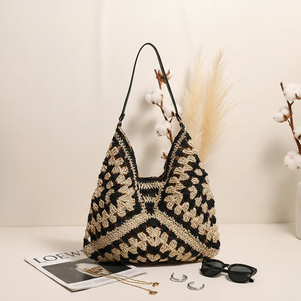 Handmade Crochet Beach Bag Large Capacity Hollow Out Shoulder Tote Bohemian Woven Triangle Bag for Vacation &Amp; Travel