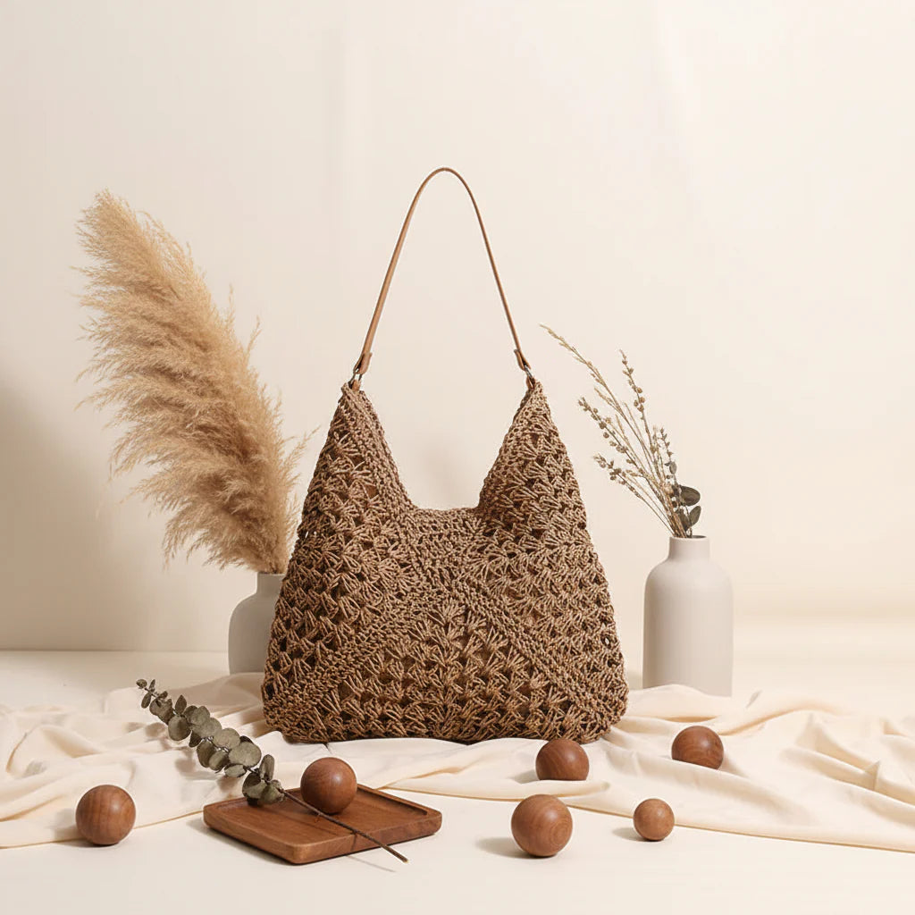 Handmade Crochet Beach Bag Large Capacity Hollow Out Shoulder Tote Bohemian Woven Triangle Bag for Vacation &Amp; Travel