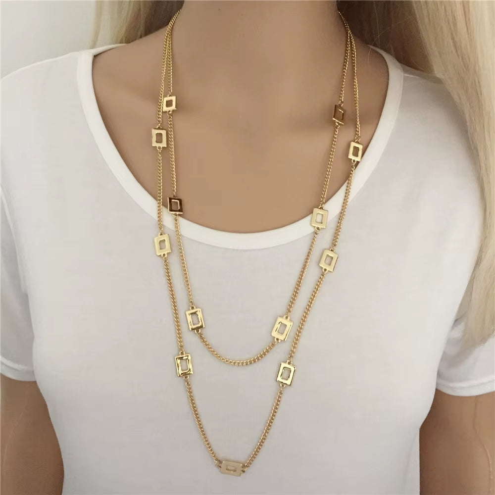 High Quality Layered Necklace Gold Color Fashion Chain with Square Linked Necklace for Women Friendship Jewelry