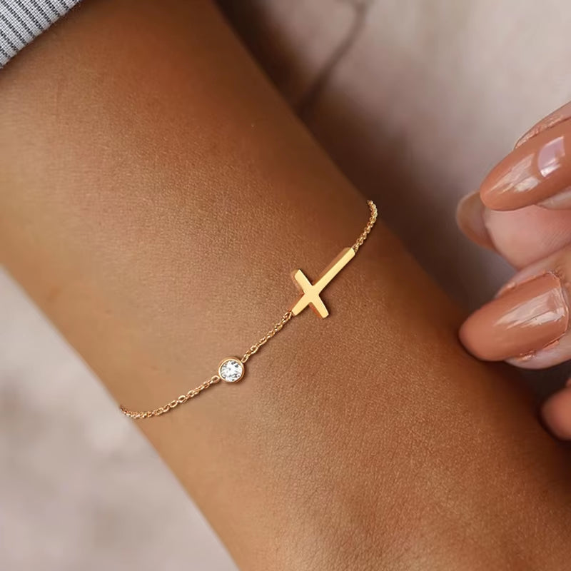 Women Minimalism Thin Chain Cross Crescent Moon Star Bracelet, Stainless Steel Female Adjustable Link Stacked Layered