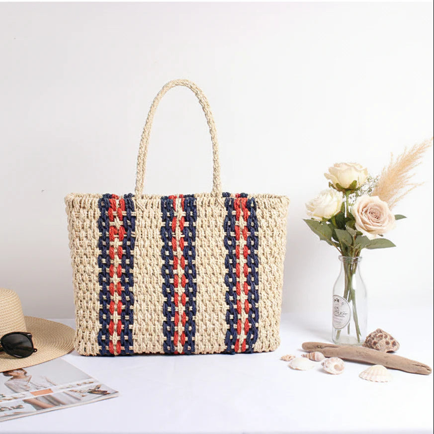 Woven Square Bag Travel Vacation Beach Bag Women Striped One Shoulder Bag