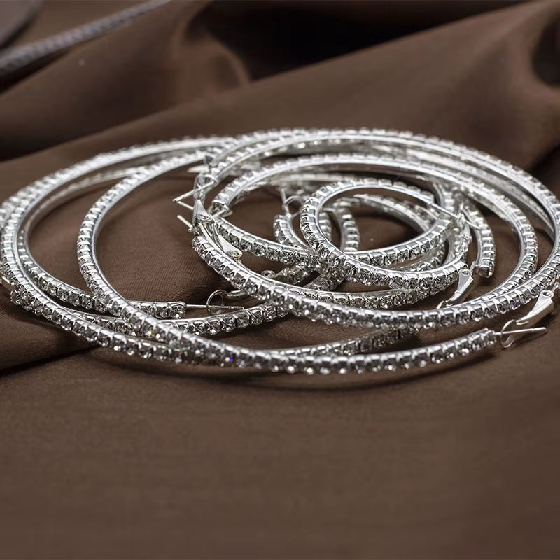 Popular Earring with Rhinestone 20Mm-90Mm Crystal Circle Hoop Earrings Simple Big Circle Silver Plated Hoop Earrings for Women