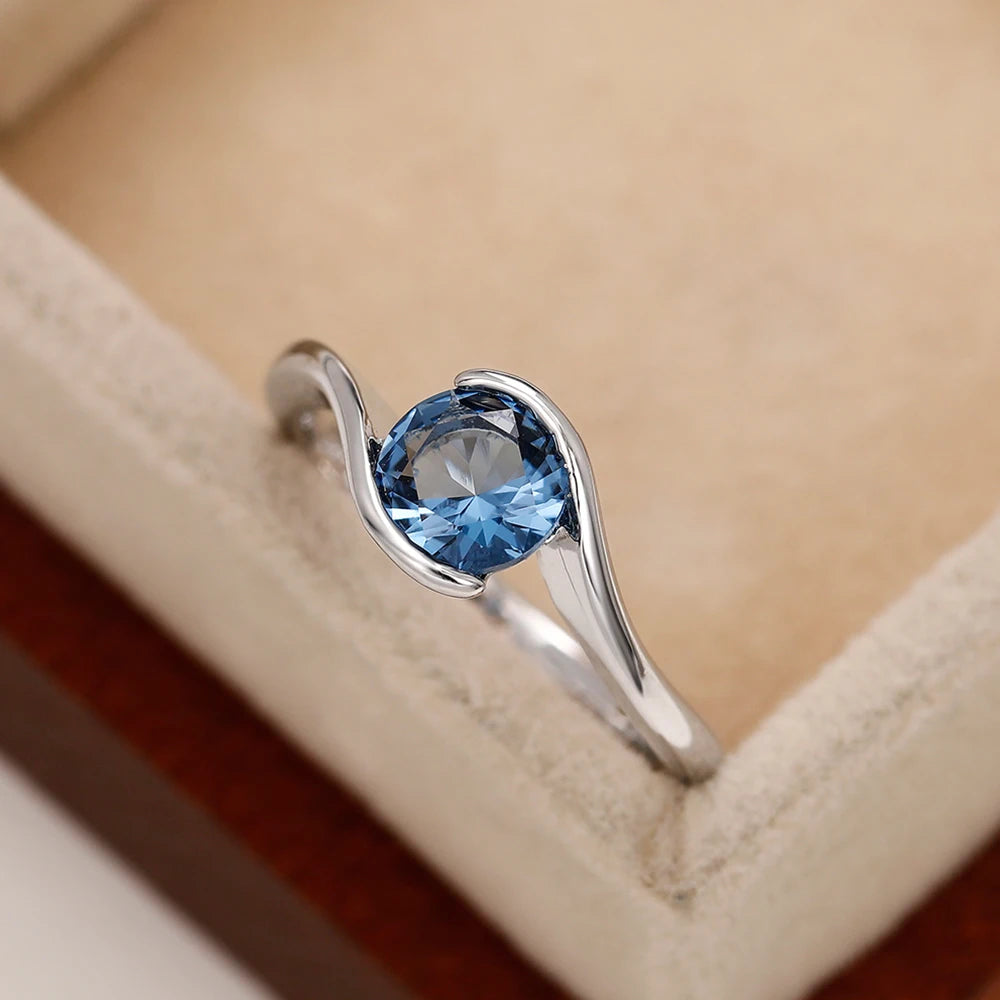 Luxury Women's Solitaire Band Ring Featuring Blue Cubic Zirconia - Elegant Bridal Wedding Jewelry for 2022