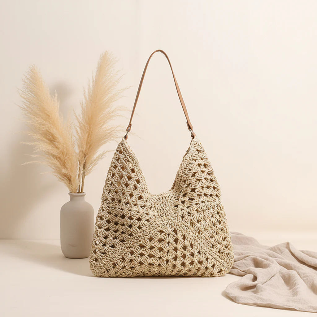 Handmade Crochet Beach Bag Large Capacity Hollow Out Shoulder Tote Bohemian Woven Triangle Bag for Vacation &Amp; Travel