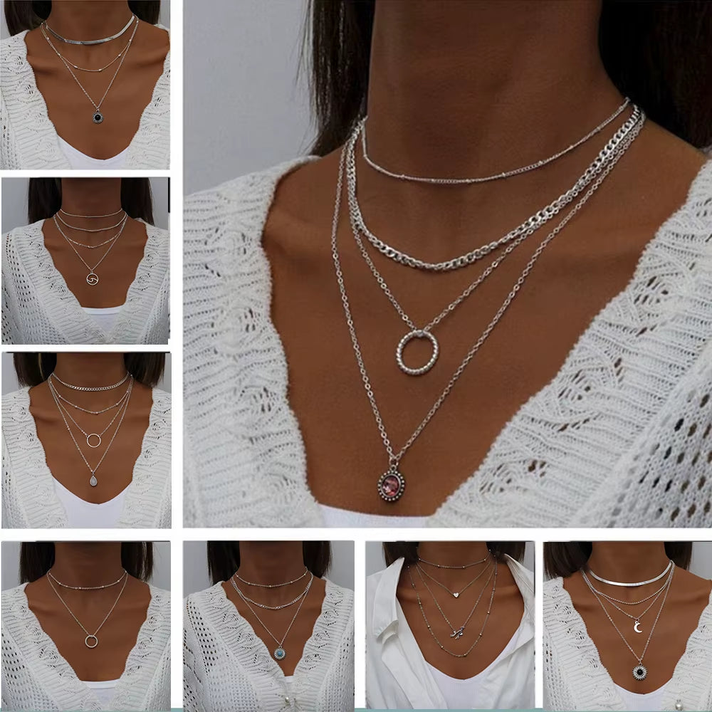 Tenande Bohemian Multi Layered Necklace for Women Vintage Water Drop Coin Star Moon Pendant Necklace Geometric Collier Collares