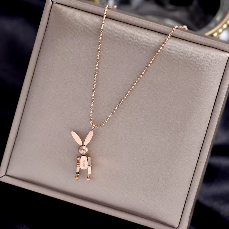 Trendy Mobile Rabbit Pendant Necklace Yellow Gold Color 316L Titanium Steel Jewelry Woman Gift Never Fade Hypoallergenic