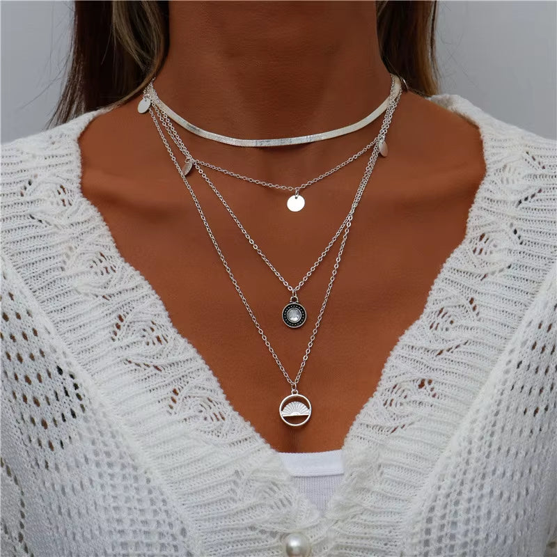 Tenande Bohemian Multi Layered Necklace for Women Vintage Water Drop Coin Star Moon Pendant Necklace Geometric Collier Collares