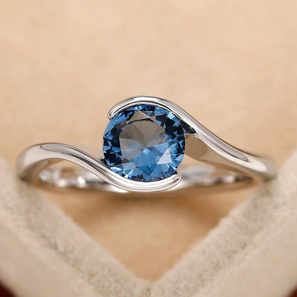 Luxury Women's Solitaire Band Ring Featuring Blue Cubic Zirconia - Elegant Bridal Wedding Jewelry for 2022