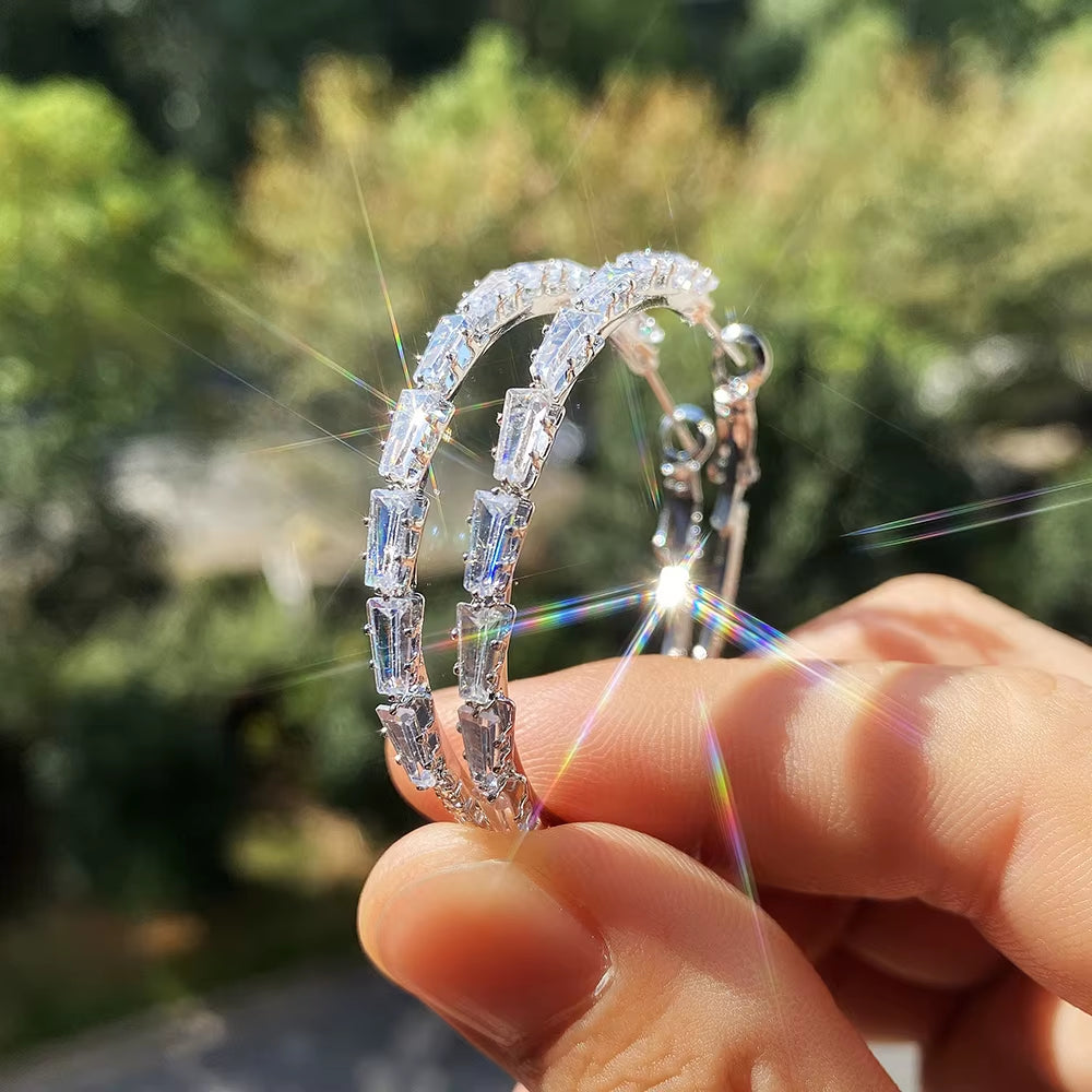 New Design Stylish Women Hoop Earring Inlaid CZ Stone Engagement Wedding Party Big round Circle Versatile Female Earrings