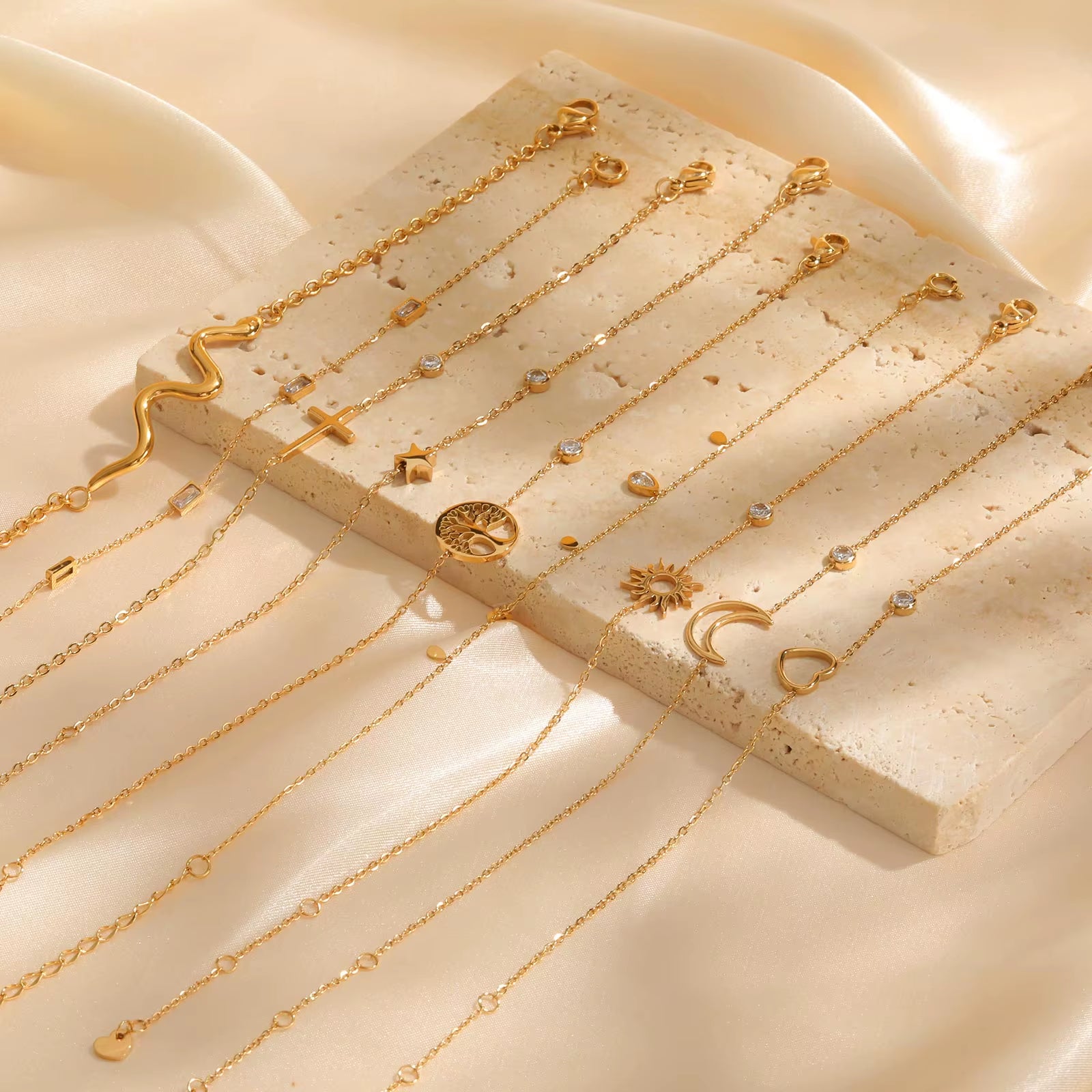 Women Minimalism Thin Chain Cross Crescent Moon Star Bracelet, Stainless Steel Female Adjustable Link Stacked Layered