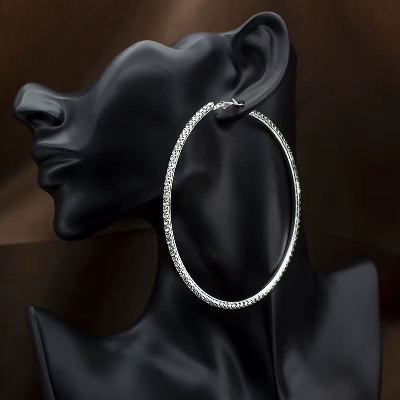Popular Earring with Rhinestone 20Mm-90Mm Crystal Circle Hoop Earrings Simple Big Circle Silver Plated Hoop Earrings for Women