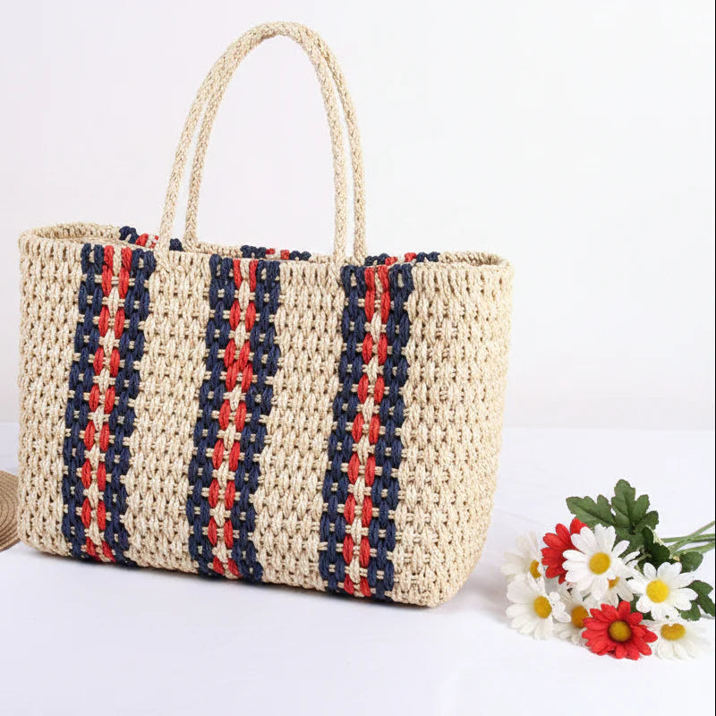 Woven Square Bag Travel Vacation Beach Bag Women Striped One Shoulder Bag