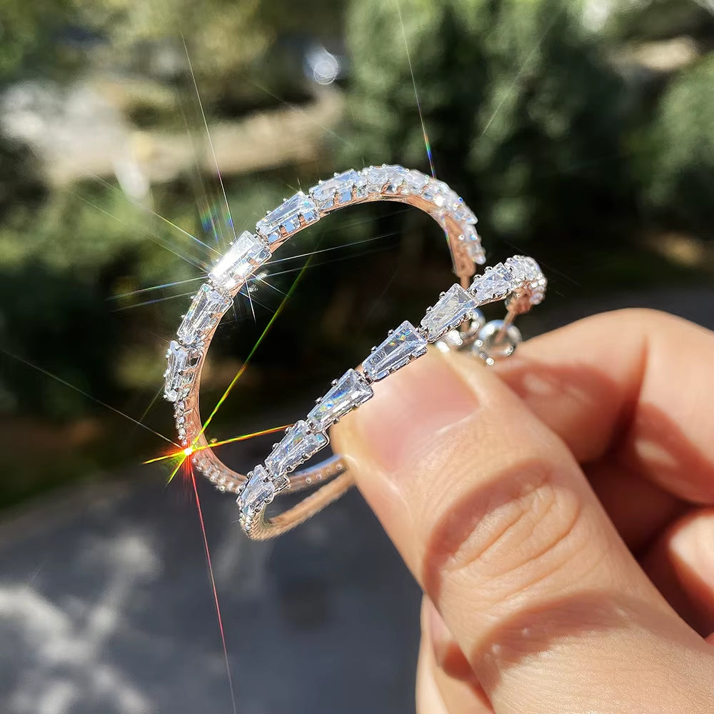 New Design Stylish Women Hoop Earring Inlaid CZ Stone Engagement Wedding Party Big round Circle Versatile Female Earrings